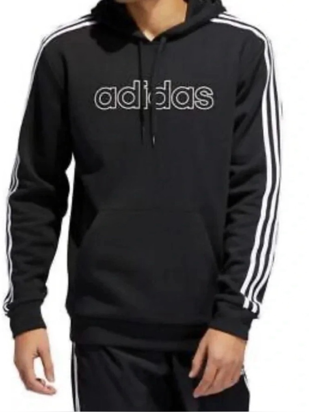 Adidas Hoodie Mens L Large Black Spell Out 3 Stripes Pullover Hooded Sweatshirt